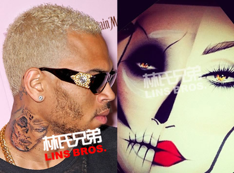 Chris Brown把Rihanna的脸图案纹身在脖子上？ (照片)