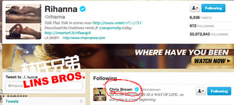 Rihanna重新关注Chris Brown的微博账户Twitter (图片)