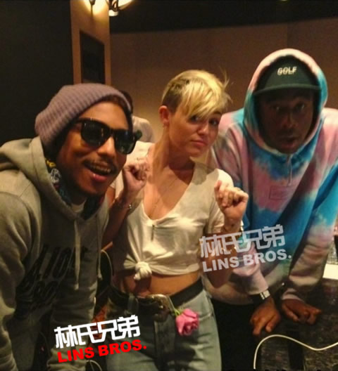 Pharrell, Miley Cyrus和Tyler, The Creator在录音室里 (照片)