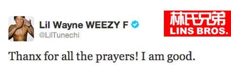 Lil Wayne在2次飞机身体不适后微博感谢歌迷， I am good (图片)