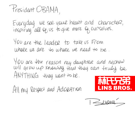 Beyoncé写信给美国总统Obama奥巴马支持他 (图片)