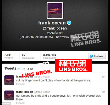 Frank Ocean微博回应与Chris Brown打架...受伤..影响格莱美演出 (图片)