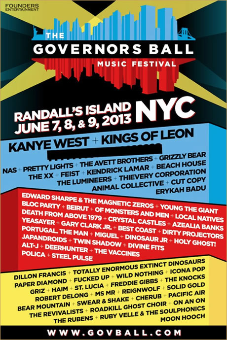 Kanye West, Nas, Kendrick等将在2013 Governors Ball音乐节表演 (图片) 