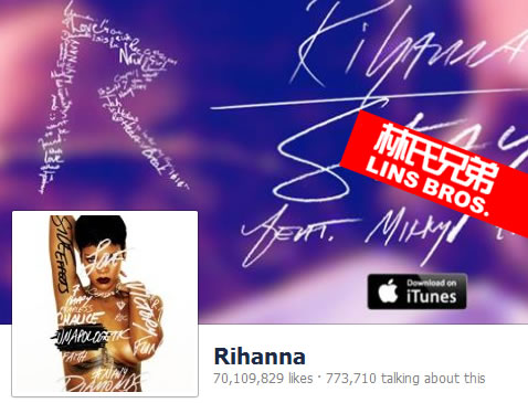 新的成就! Rihanna成为第一个Facebook脸书粉丝突破7000万的人..Eminem马上... (图片)