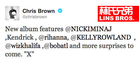 有前女友Rihanna客串! Chris Brown微博公布新专辑X客串嘉宾名单 (图片)