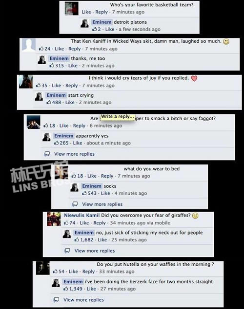 Eminem在Facebook上回答各式各样的劲爆私密问题：除在家外，最喜欢在哪手淫?(图片)