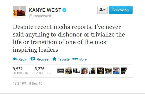 Kanye West被媒体“陷害”..出来发推特澄清..致敬已故伟大领袖纳尔逊·曼德拉 (图片)