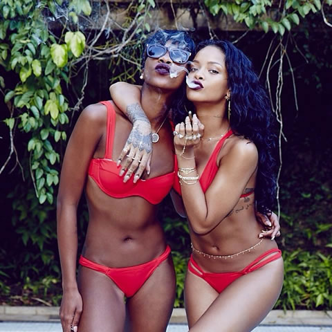 性感游戏接着玩..Rihanna拉上好友一起展示身材..在镜头前双双揭下内衣 (3张照片)