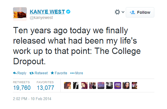 Kanye West 首张专辑The College Dropout发行10年之际..连发9条推特.. 