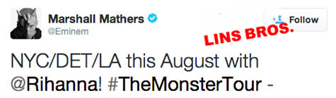 Eminem 和 Rihanna将联合开巡回演唱会：The Monster 演唱会
