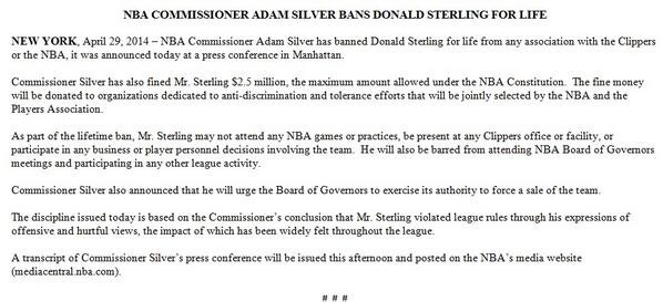 巨大的代价! NBA快船队老板Donald Sterling唐纳德·斯特林正式被NBA“埋葬” 