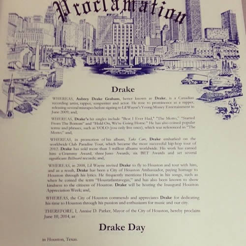 Drake至高的荣誉..以后每年的这一天休斯顿将有“Drake Day”纪念日 (照片)