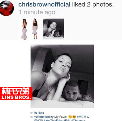 Chris Brown在一张他和Rihanna床照点赞..又怀念RiRi?? (照片)