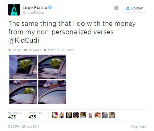 Lupe Fiasco和Kid Cudi在推特上吵起来，因为$500美元为歌迷定制Verse (8张截图)
