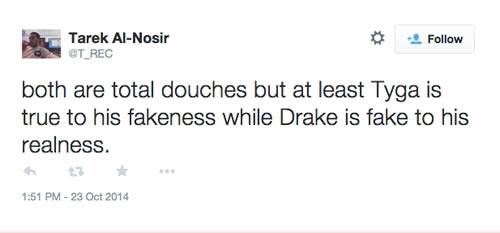 Drake对Tyga攻击他的回击..当今嘻哈界Diss的方式又多了一种..不战而屈人之兵 (截图)