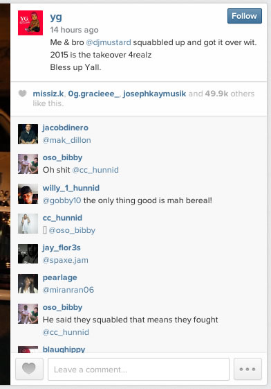 YG和DJ Mustard粉碎了Beef..他们公开回到兄弟, 发了2张一样的照片