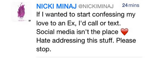 场面失控..有男友的Nicki Minaj紧急出来救火..澄清媒体炒作她和前男友“互相说爱你”事件