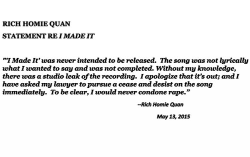 这就是代价..新人说唱歌手Rich Homie Quan为强奸歌词道歉: I Apologize (图片)