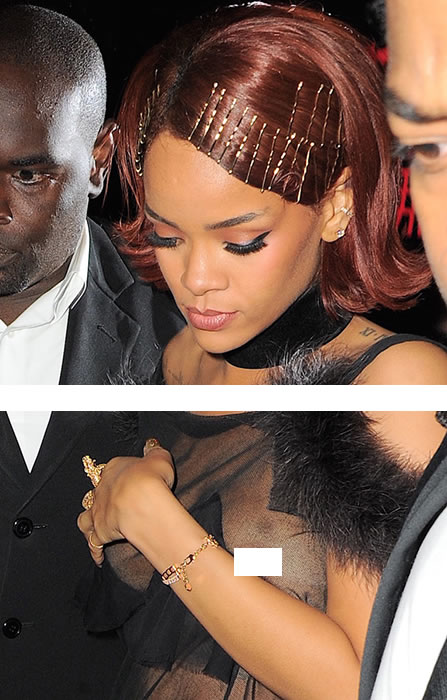 劲爆!! Rihanna走光了..透视装移位导致裸露胸部全曝光..而她可以不用乳贴保护 (照片)