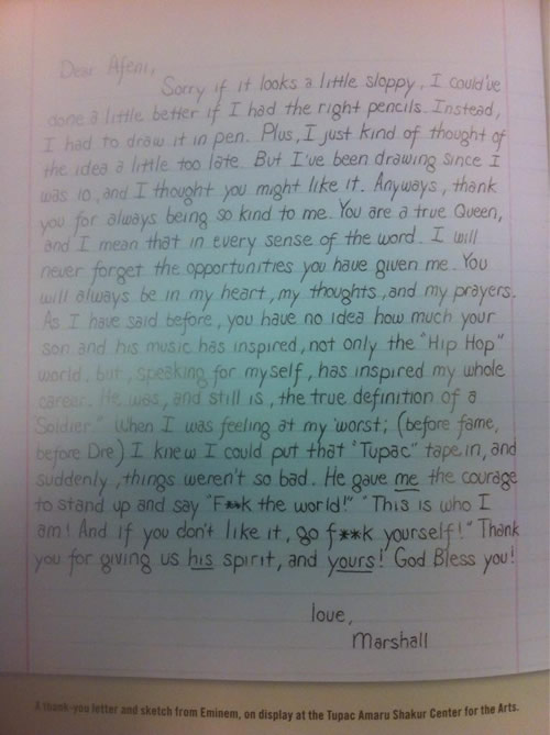 大开眼界!! Eminem给偶像2Pac母亲亲笔写的信件和2Pac素描曝光..看看阿姆工整的笔迹也是一种幸福 (照片)