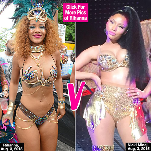 谁更Sexy?  Rihanna Vs. Nicki Minaj同一天都穿着裸露.. (照片)
