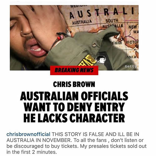 真不幸..有人这样破坏Chris Brown去澳大利亚演出计划..他立即反击 (图片)
