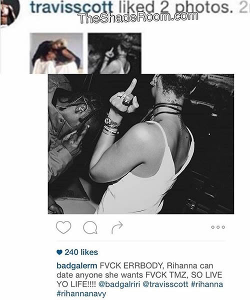 Rihanna绯闻男友Travis Scott喜欢Badgal..点赞了RiRi和他自己竖中指照片 (照片)
