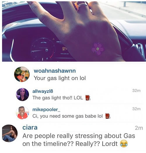 网络世界有多无聊..Ciara开个车加油提示灯亮了, 引来这么多“关心”和“LOL”大笑 (图片)