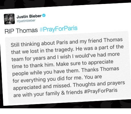 可恶的恐怖主义!! 巴黎恐怖袭击灾难牵连到了Justin Bieber的好兄弟 (图片)