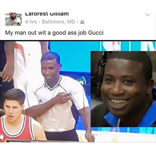什么情况?! 说唱歌手Gucci Mane从监狱里穿越到了NBA球场上做裁判 (照片)