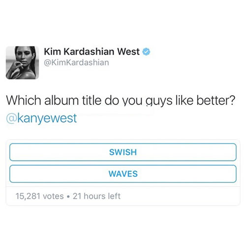 糟糕?! 卡戴珊在推特上两次发起老公Kanye新专辑名称的投票..因为与Wiz撕逼大战又要改名? (图片)