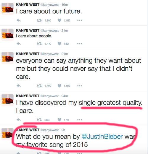 Kanye West选出2015年最爱的歌曲..来自Justin Bieber的这首歌..你一定得再听一下