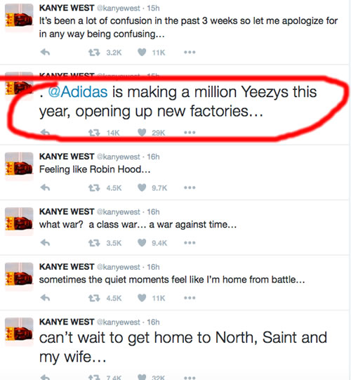 Kanye West说今年adidas将生产100万双Yeezy鞋子..工厂已经不够用 (图片)