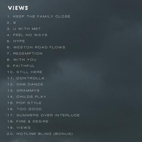 准备好了么? Drake让人期待的新专辑VIEWS即将发行..这里他放出专辑歌曲名单..专辑还改了名字 (照片)