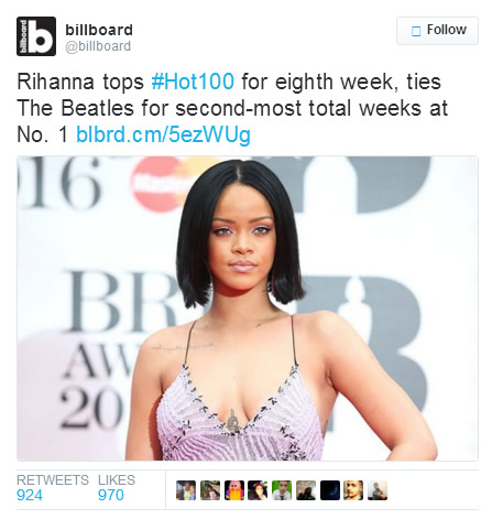 超级巨星是这样炼成的..Rihanna凭借与Drake合作的超级单曲Work创造历史追平披头士乐队记录 (图片)