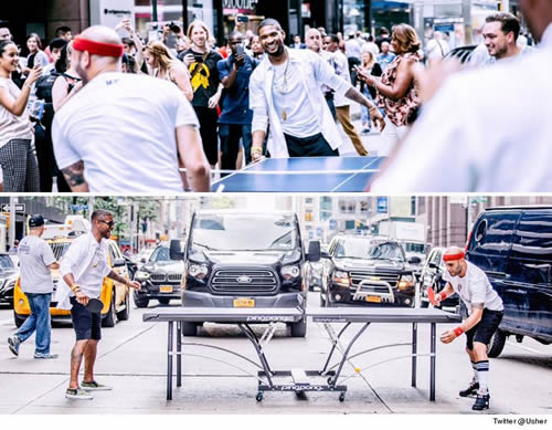 Usher把中国奥运最强项目之一乒乓球搬到了纽约繁忙的大马路上..没人被逮捕 (照片)