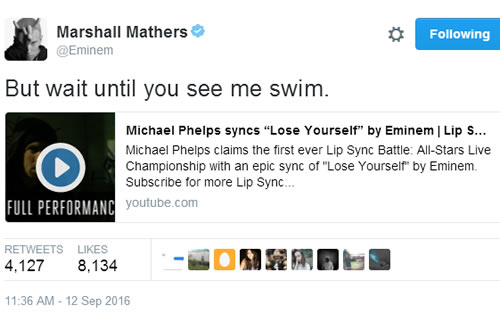 Eminem对奥运游泳传奇菲尔普斯演绎他的Lose Yourself很满意, 推特发视频并开玩笑 (图片/视频)