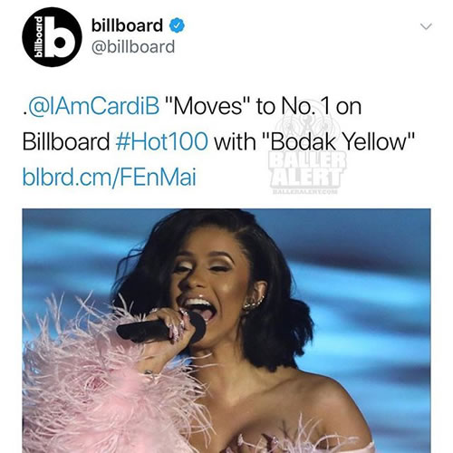 创造历史..经过几个月的攀爬，Cardi B的超级单曲Bodak Yellow杀到Billboard Hot 100榜单冠军