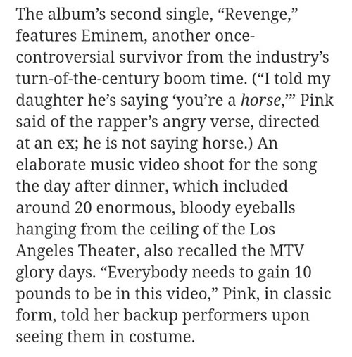 官方确认！ Pink告诉纽约时报新专辑第二单曲Revenge由好朋友Eminem客串