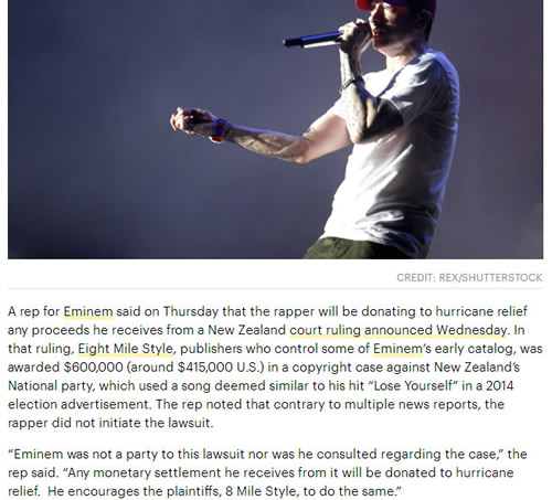 慈善家Eminem把‘Lose Yourself’案件的赔偿捐给飓风灾难的受害者...