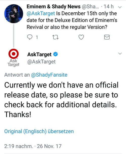 显然Target受到了Eminem的唱片公司的压力，已经“没有官方的发行日期”.. 改口真快