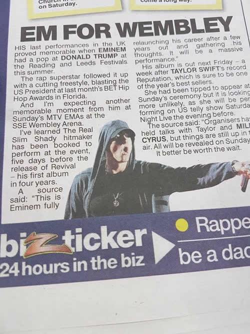 当我们已经忘记什么是报纸的时候，Eminem的消息出现在英国The Sun太阳报和多伦多太阳报Toronto Sun.. 