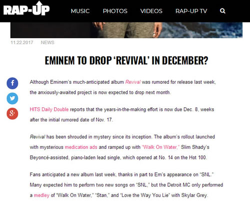 美国大的嘻哈媒体再次把目光聚焦在Eminem新专辑REVIVAL的发行日期上...