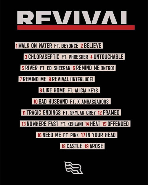 再次等来重要的官方消息..Eminem正式放出新专辑REVIVAL的曲目名单..相当的意外..和Alicia Keys在录音室照片放出