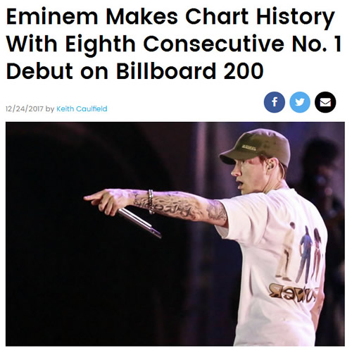 Rap God Eminem创造历史！成为史上第一个连续八张专辑首周登顶Billboard 200榜单的艺人