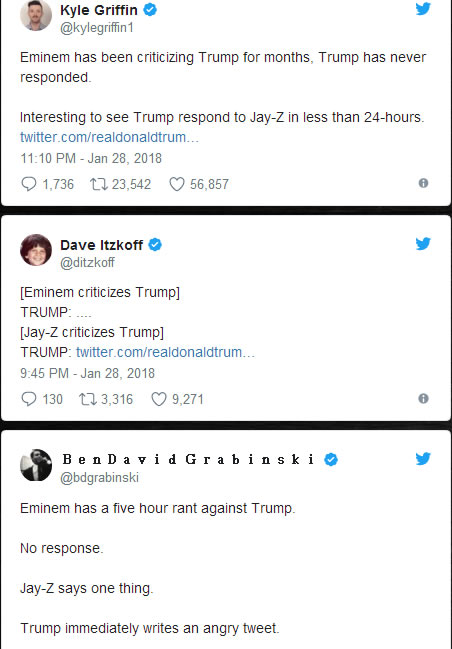 Eminem把美国总统Trump骂到无法想象的地步他都不回应，JAY Z就说了两句算不上攻击的话，Trump马上就回应Hov