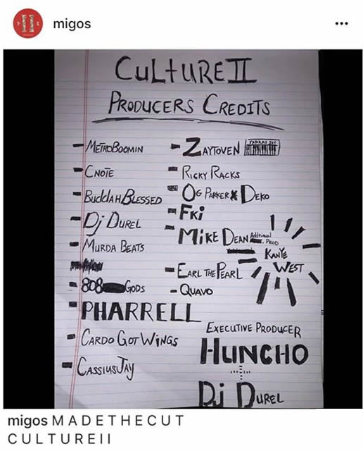 嘻哈离不开这样重要的一群人   制作人..冠军组合Migos放出新专辑CULTURE II制作人名单