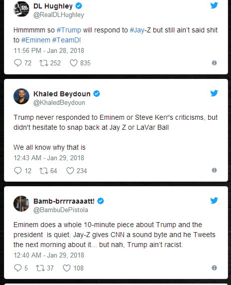 Eminem把美国总统Trump骂到无法想象的地步他都不回应，JAY Z就说了两句算不上攻击的话，Trump马上就回应Hov