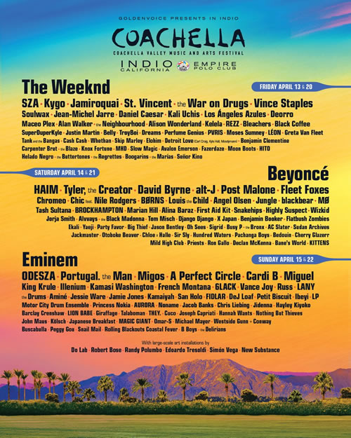 官方最新确认：Eminem, Beyonce和The Weeknd将是Coachella 2018音乐节的头号演出嘉宾