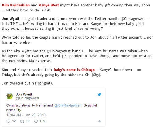 只要Kanye和卡戴珊开口，这位@Chicagowest推特帐号拥有者愿意把帐号赠送给这对夫妇